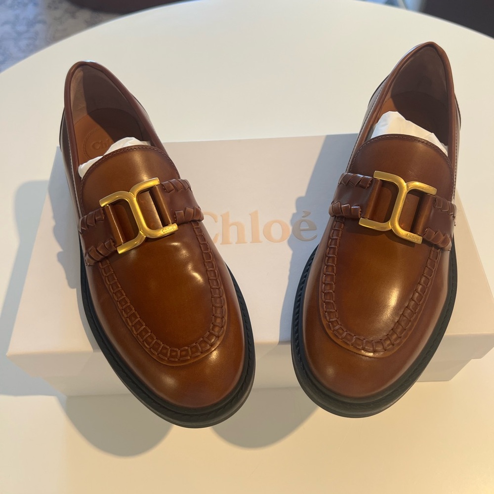 Chloe Marcie Tan Logo Buckle Leather Loafers - Women’s 37.5 NEW